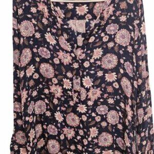 Lucky Brand‎ Women's Boho Sheer Floral V Neck Blouse with Button Details Medium